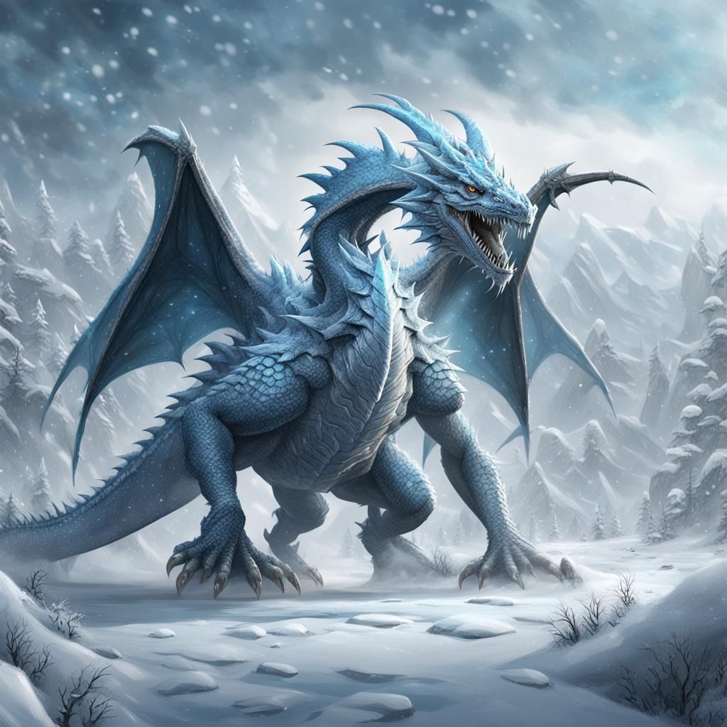 Frost Dragon Walking in Blizzard: Detailed Digital Art