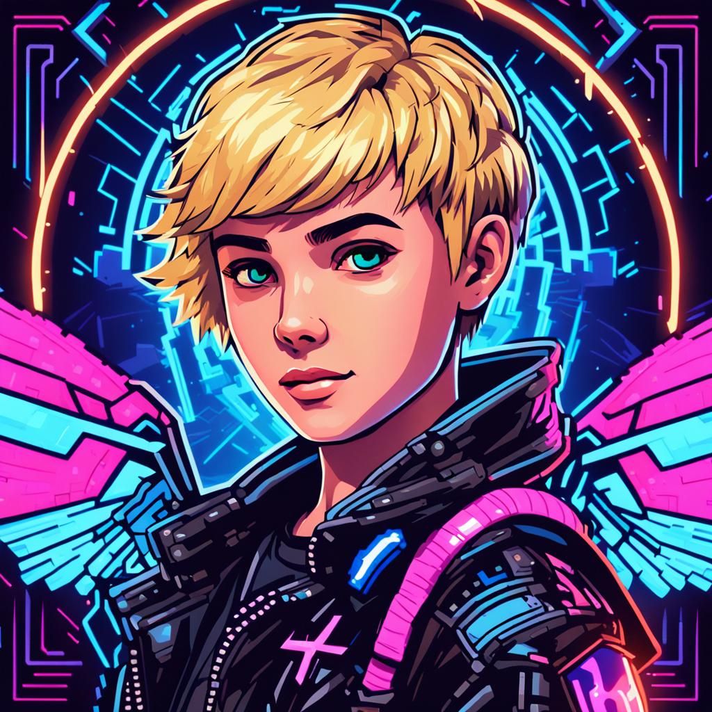 Neon Pixel Art Portrait of Cyberpunk Heroine