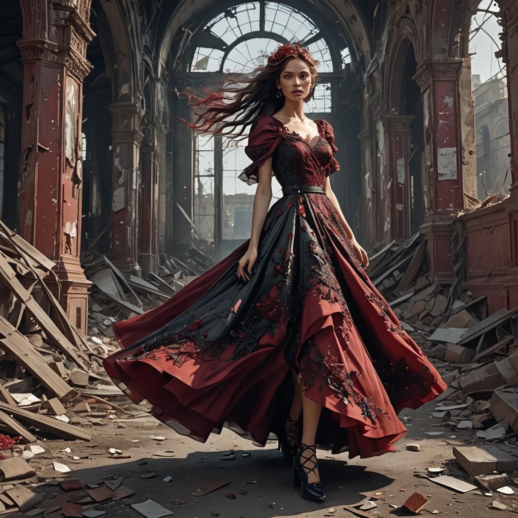 Woman in Red Dress in Apocalyptic World