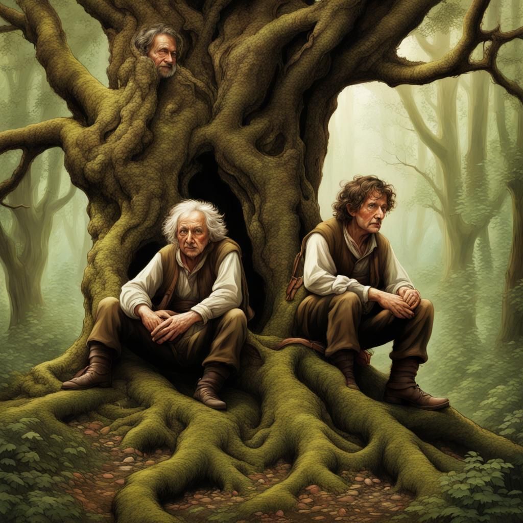 Anthropomorphic Tree with Hobbits in Forest