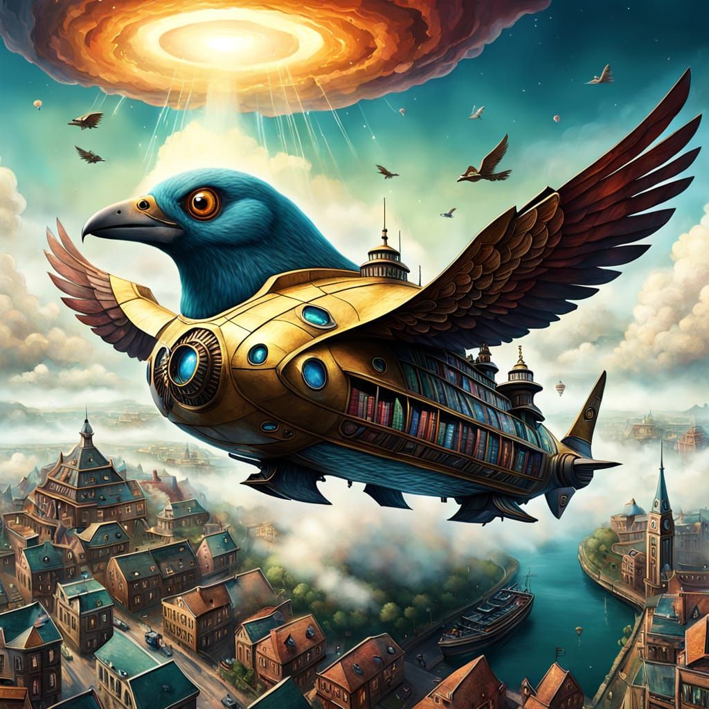Surreal Bird Spaceship Descends Over Town in Digital Paintin...