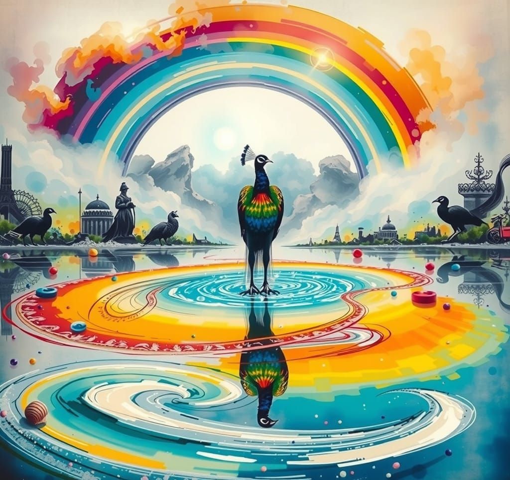 Surreal Rainbow Peacock in Crayon Drawing Style