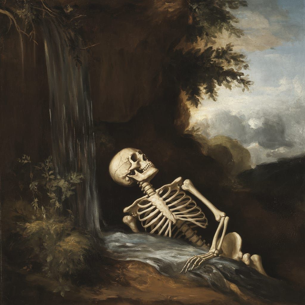 Skeleton in Oil Painting, Decaying Beneath a Waterfall
