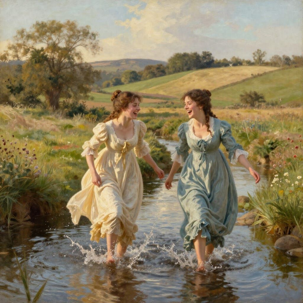 Regency Women Joyfully Splash in Countryside Brook
