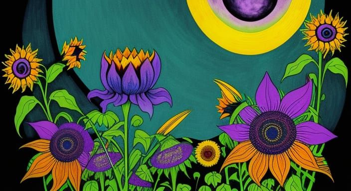 Psychedelic Art Deco Meadow with Strange Creatures