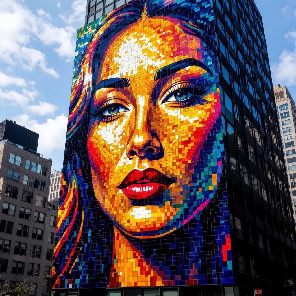 City Building Mural: Intricate Ceramic Portrait