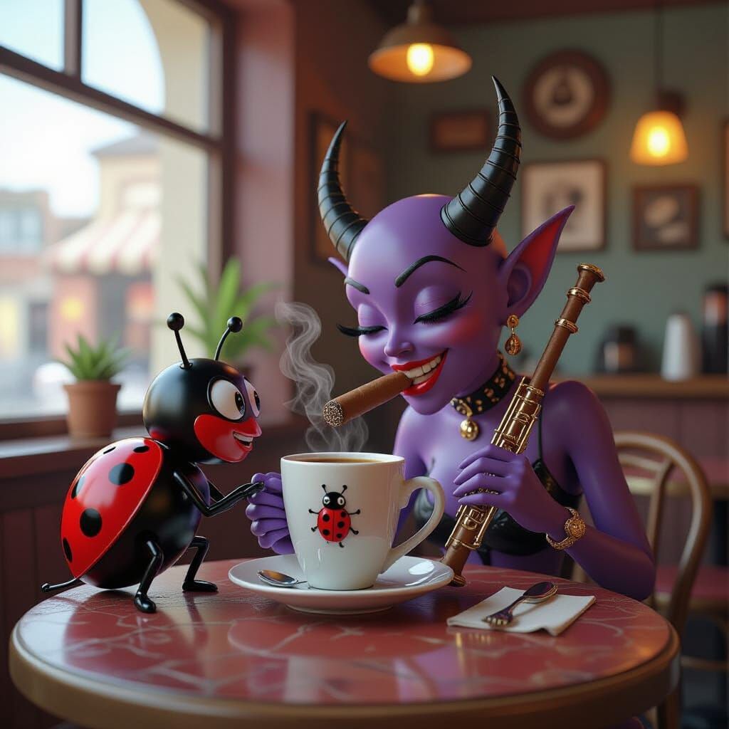 Cartoon Devil Enjoys Coffee in Cafe with Ladybirds