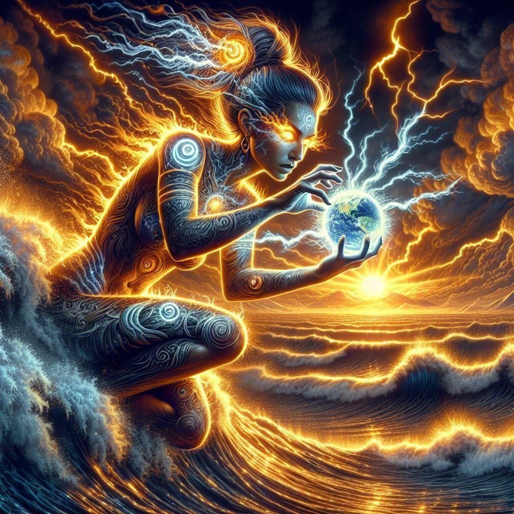 Female Mage Conjuring Elements in Solarpunk Style