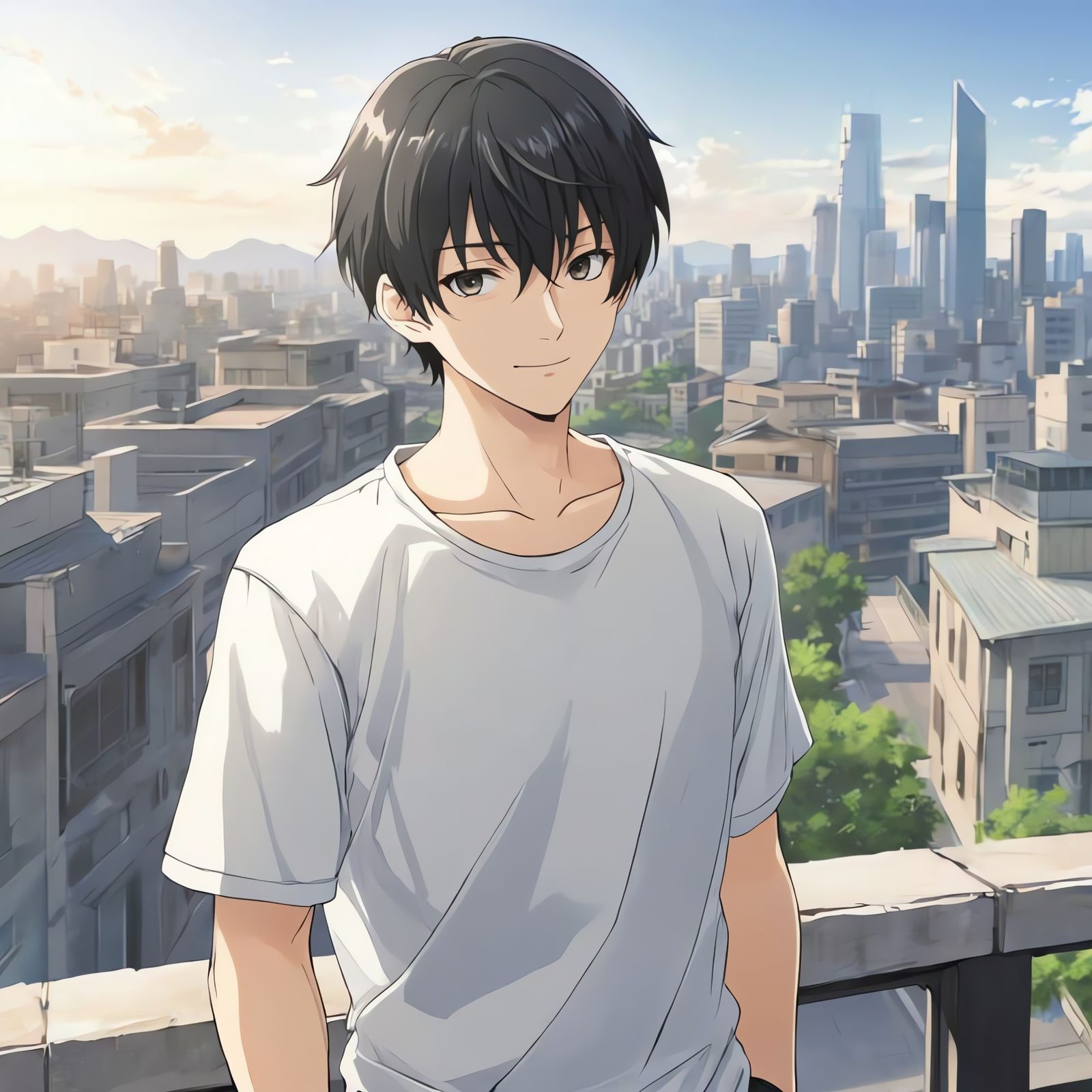 Bishounen Anime Hero Stares Out at City Skyline