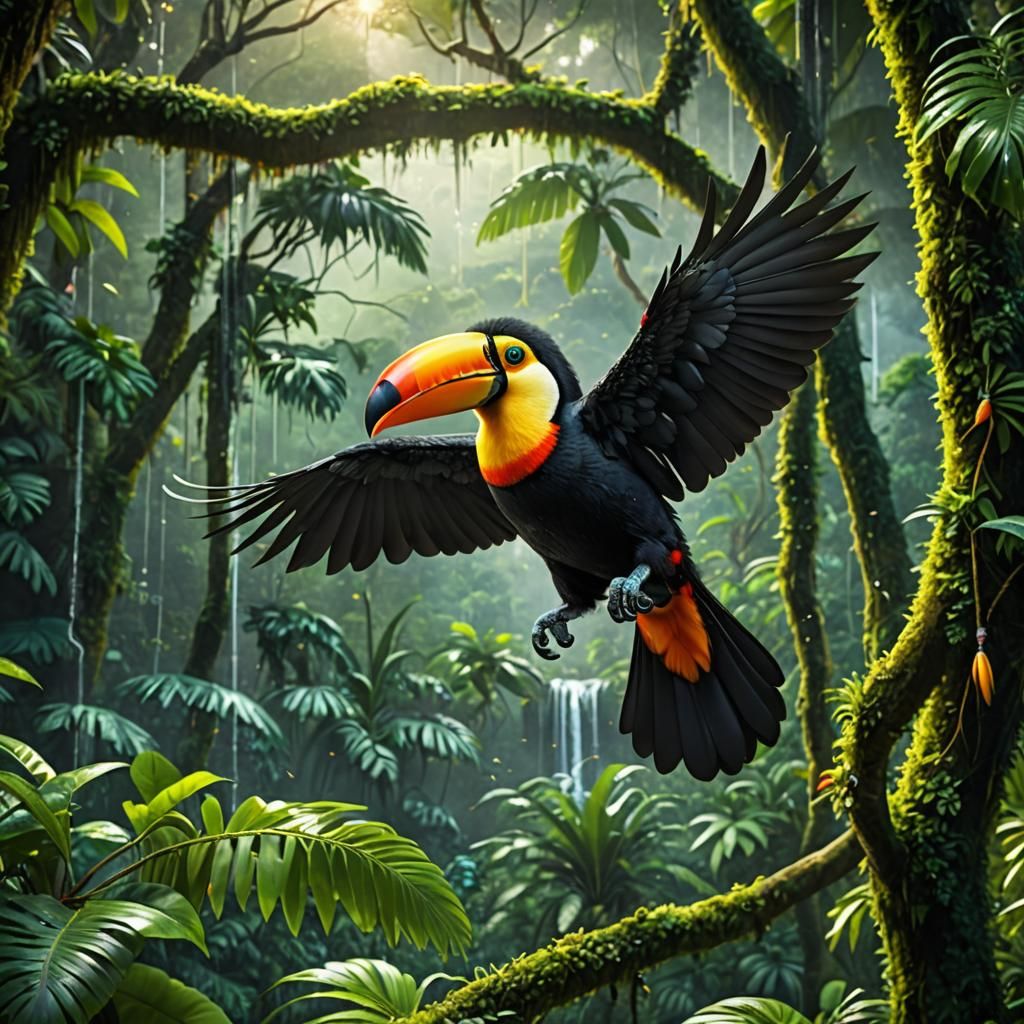 Fluffy Toco Toucan Flying Over Rainforest Canopy