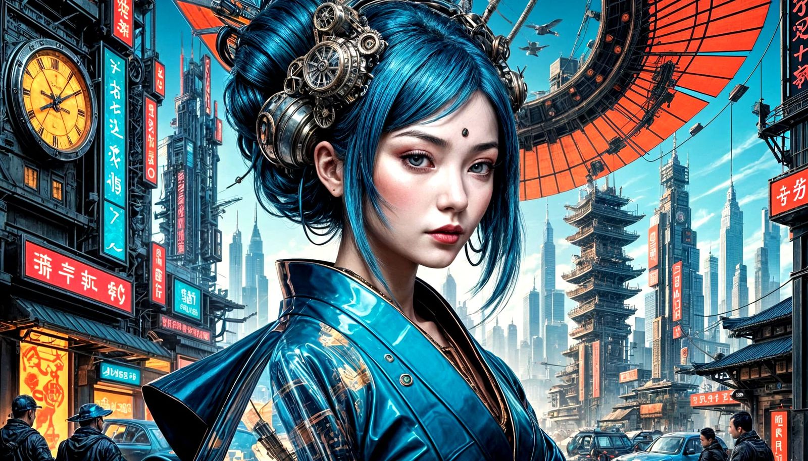 Cyberpunk Geisha Portrait with Clockwork Cranes