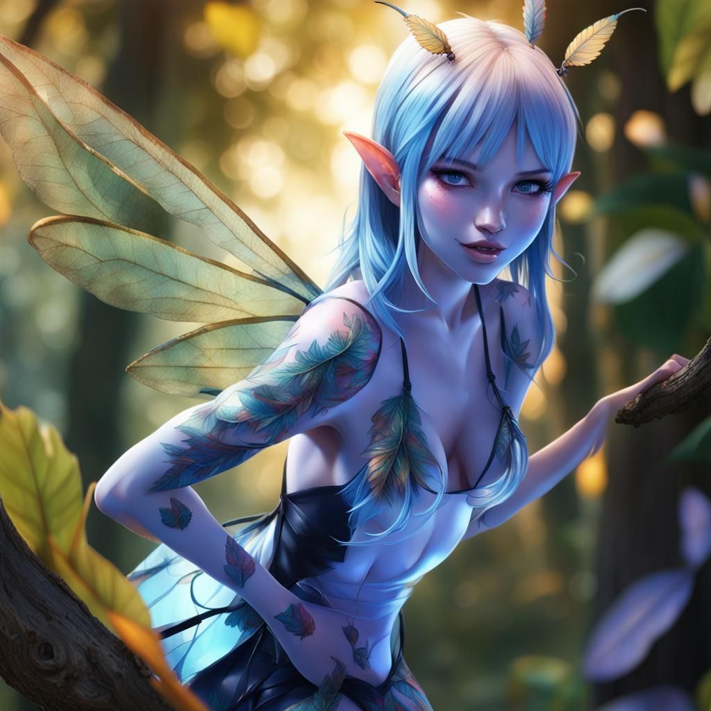 Hyperrealistic Pixie Girl with Colorful Leaves Dress