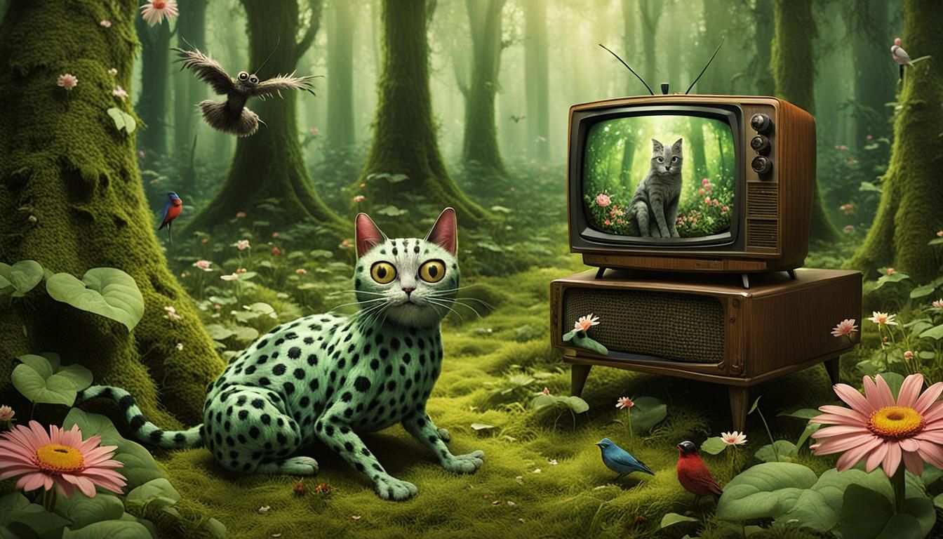 Whimsical Cat-Humanoid Creature in Lush Forest