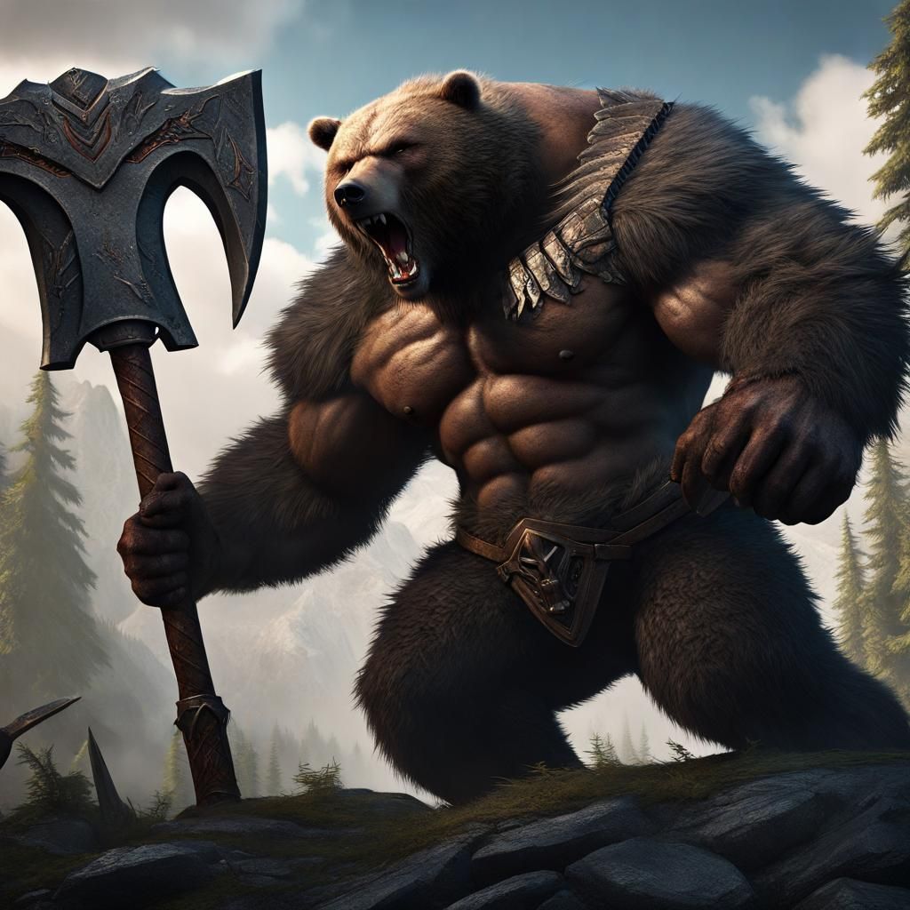 Giant Bear-Like Man with Battleaxe, Detailed Matte Painting