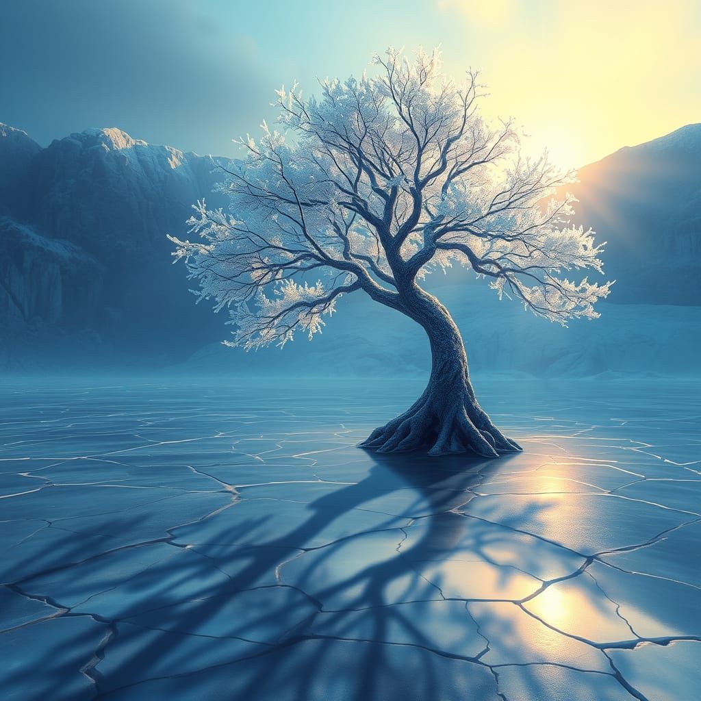 Frozen Tree Shimmers in Glacial Landscape