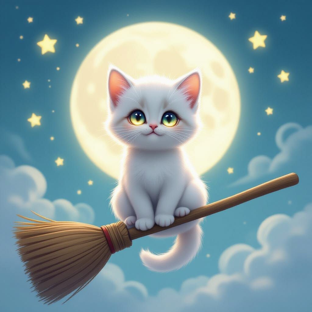 Tiny Ghost Kitten on Broomstick Under Pastel Moon