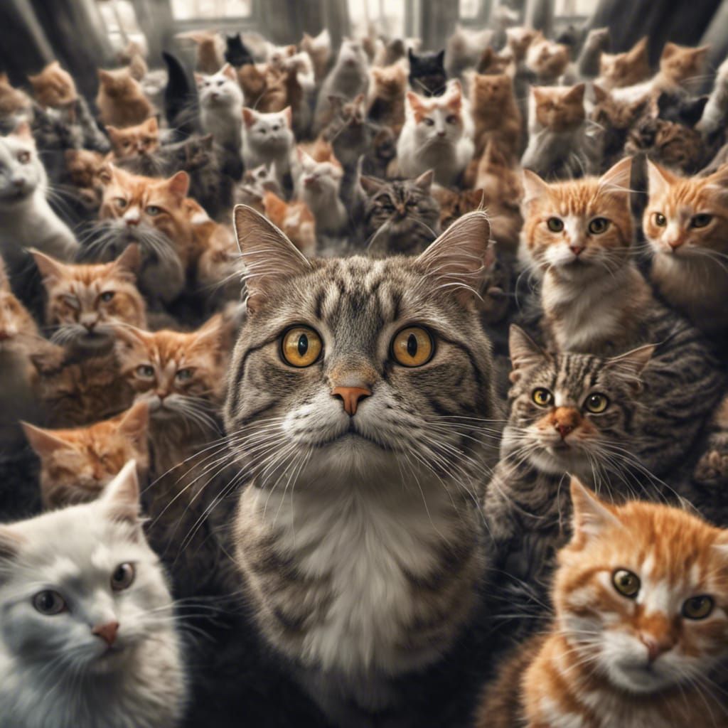 Bird Selfie with Cats: Hyperrealistic 64 Megapixel Image