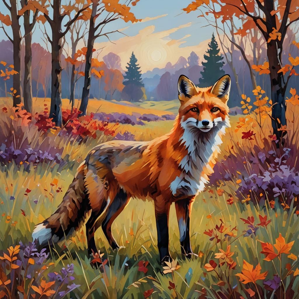 Fox in Autumn Meadow: Expressionist Oil Painting