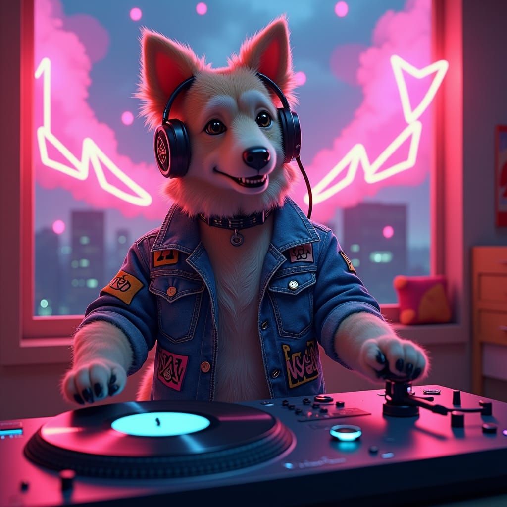 Retro-Futuristic Canine DJ with Neon Headphones