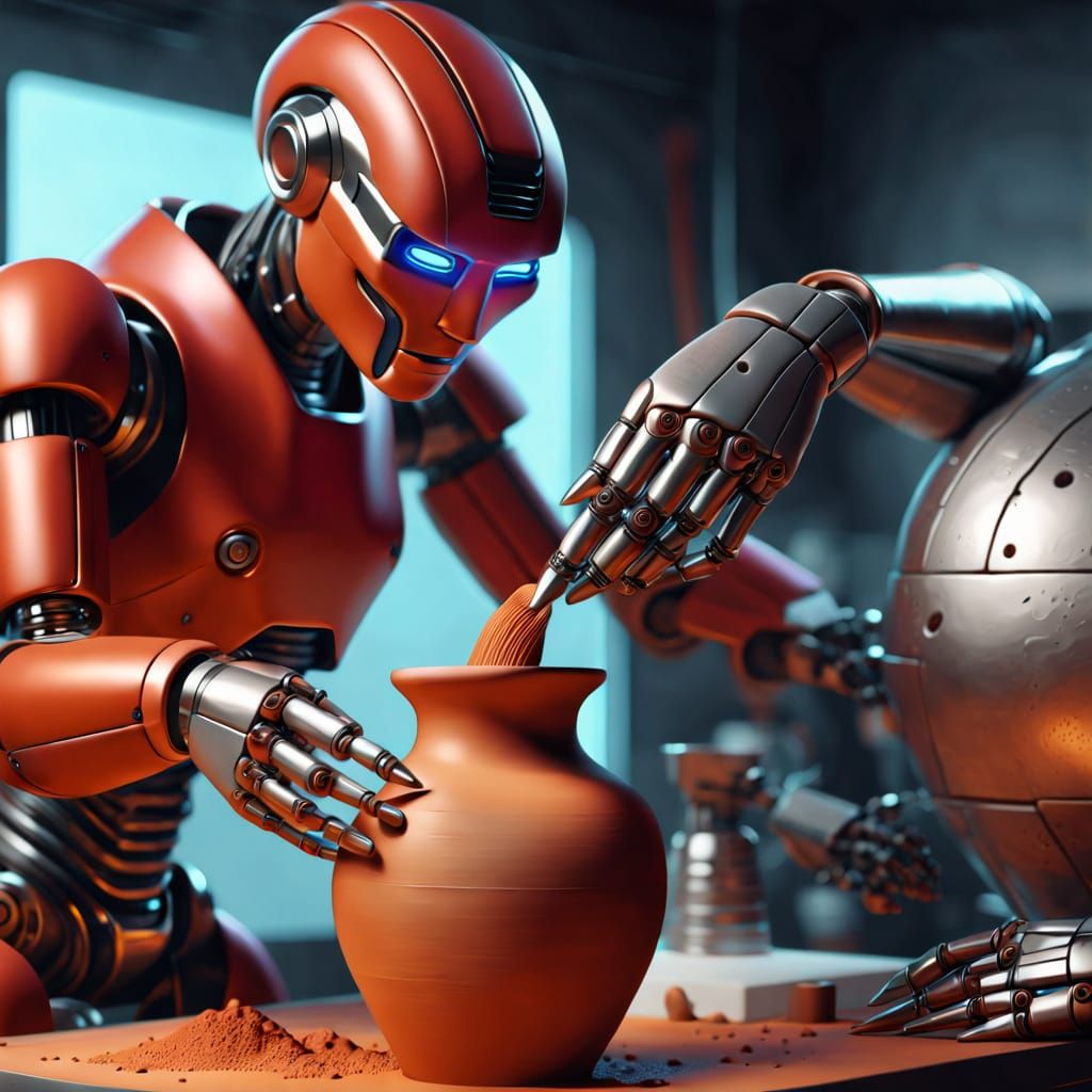 Robot Artist Shapes Clay Vase in Hyper-Realistic Digital Art