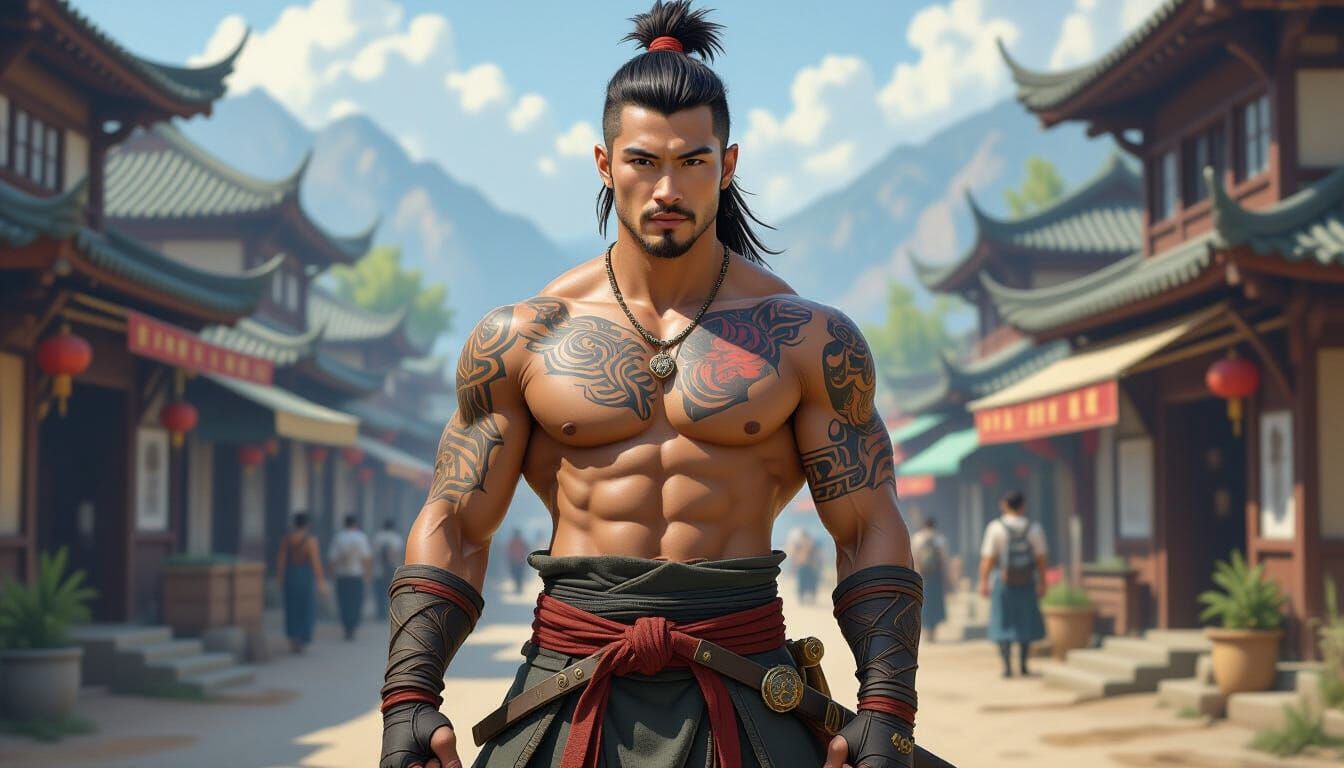 Tattooed Asian Martial Artist in Fantasy Town Setting