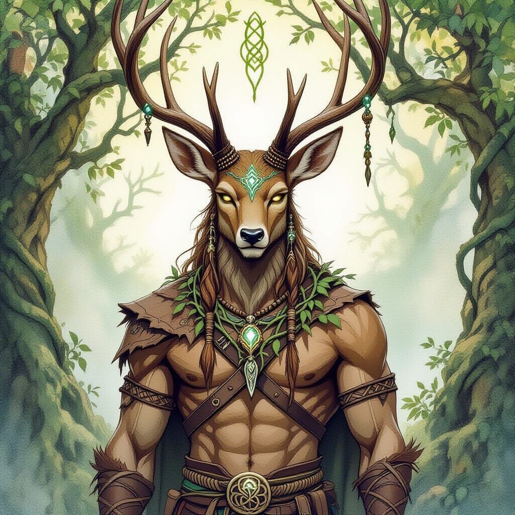 Mystical Stag-Man Guardian in Sacred Grove