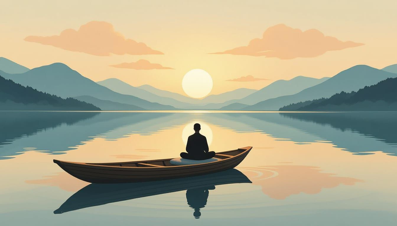 Meditating Figure on Boat in Tranquil Lotus Lake