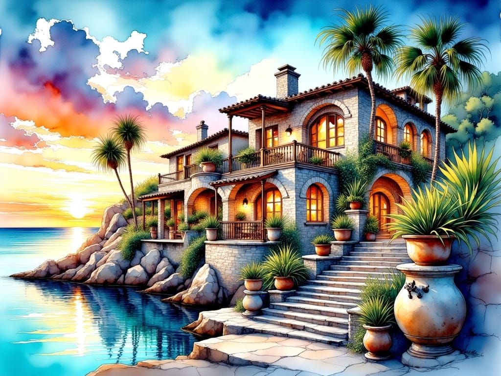 Vibrant Turquoise Seaside Retreat in Watercolor Style