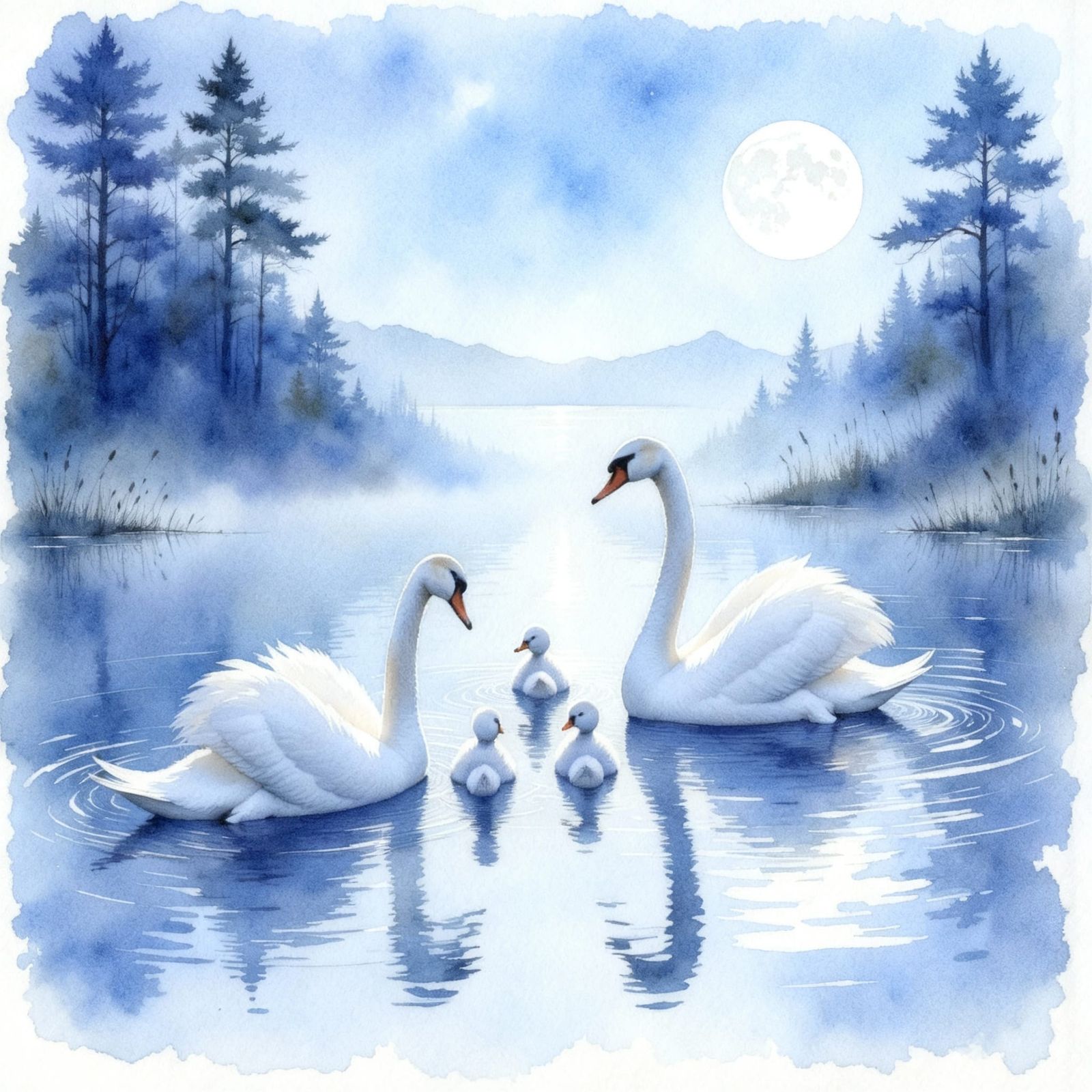 Two Swans and Cygnets on a Twilight Lake