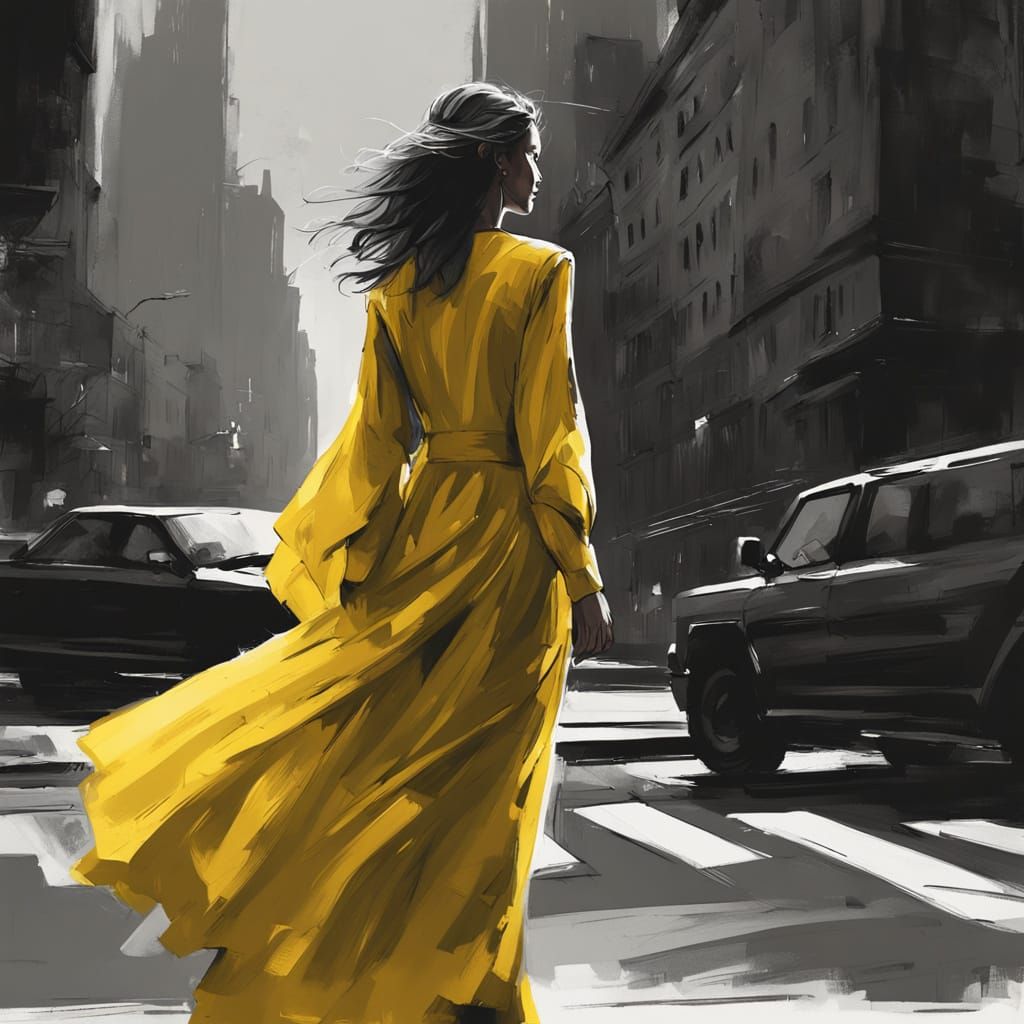 Woman in Yellow Dress Amidst Dystopian Cityscape