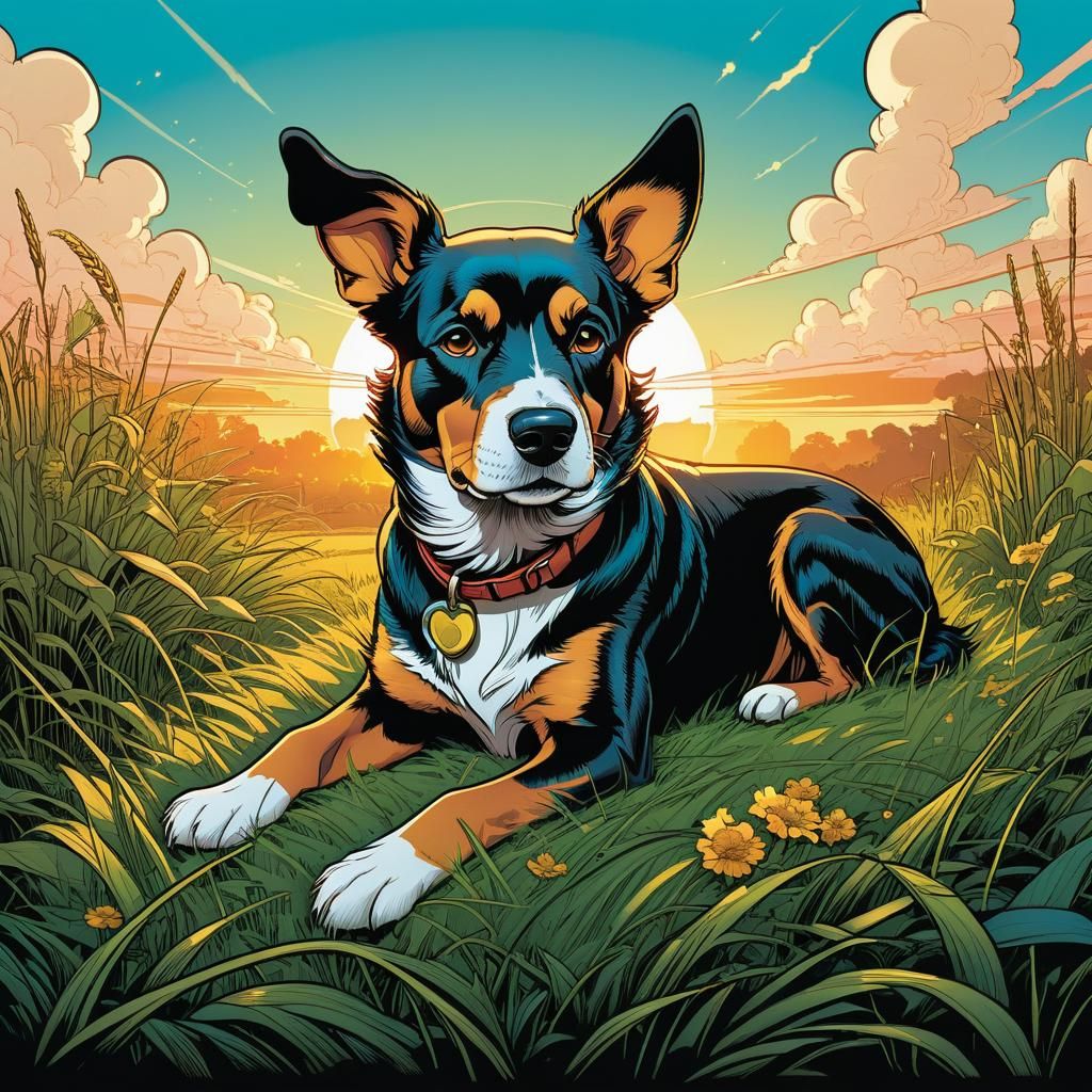 Dog in Morning Grass: Cel-Shaded Comic Book Art