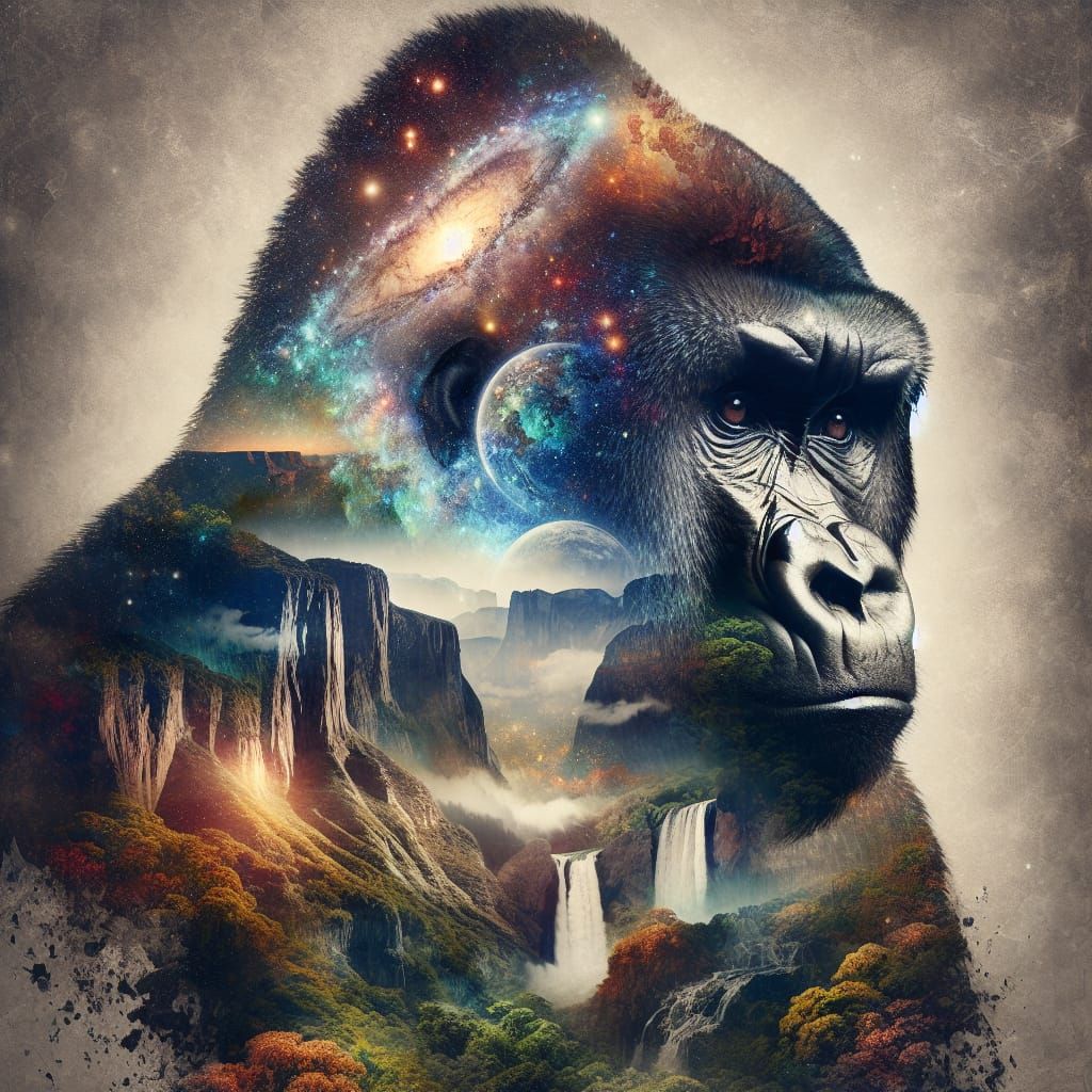 Surreal Gorilla Amidst Celestial Landscapes in Double Exposu...