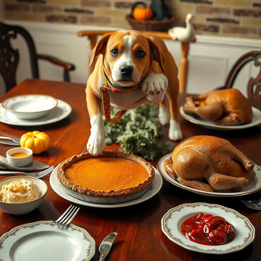 Playful Dog Devours Autumn Pumpkin Pie in Whimsical Thanksgi...
