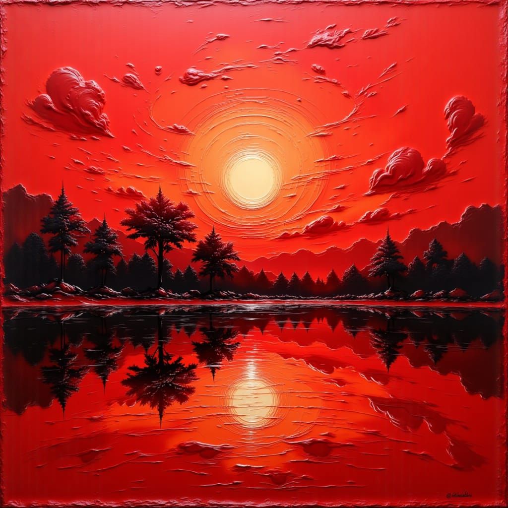 Vibrant Red Landscape Painting in Impressionistic Style