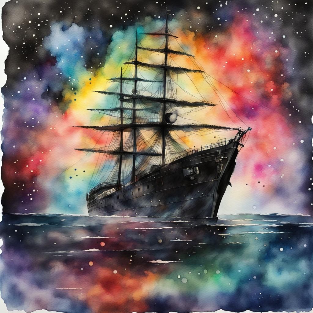Bioluminescent Gothic Ship Sails into Black Hole: Watercolor