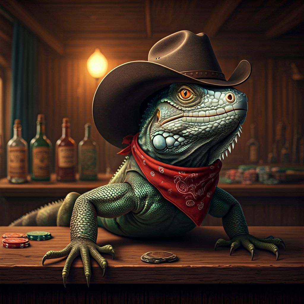 Iguana Cowboy in Western Saloon: Oil Painting