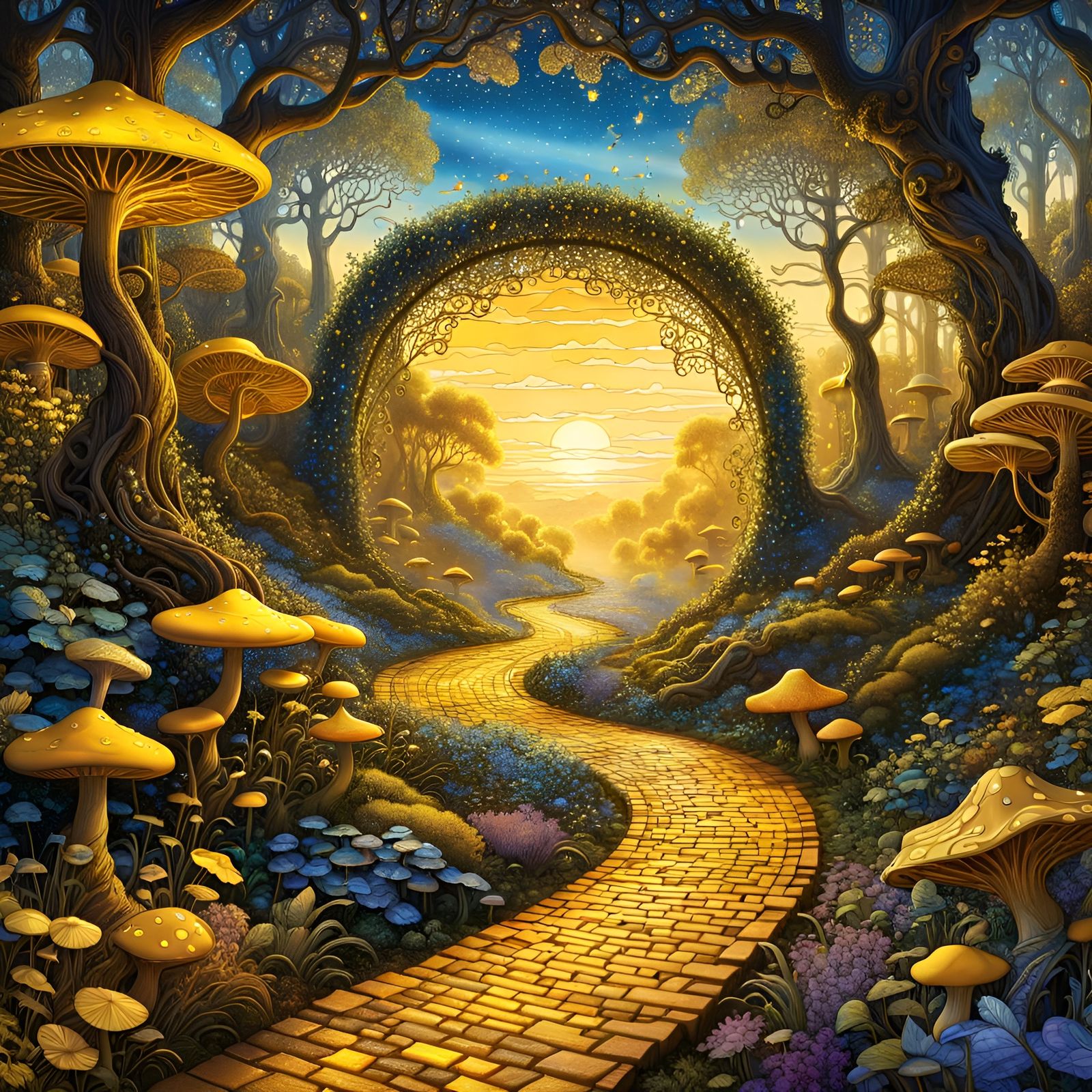 Enchanted Yellow Brick Road Through Golden Forest