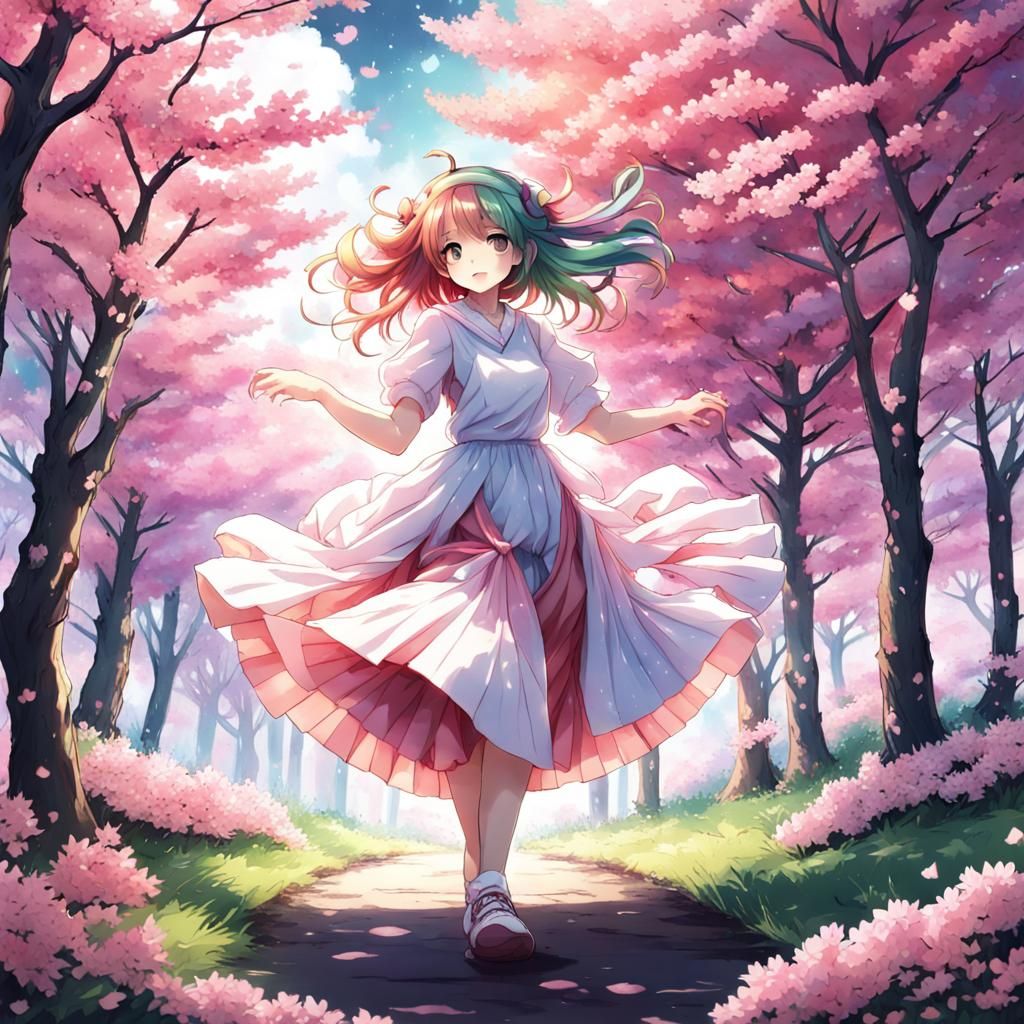 Girl Dancing in Cherry Blossom Forest, Anime Style