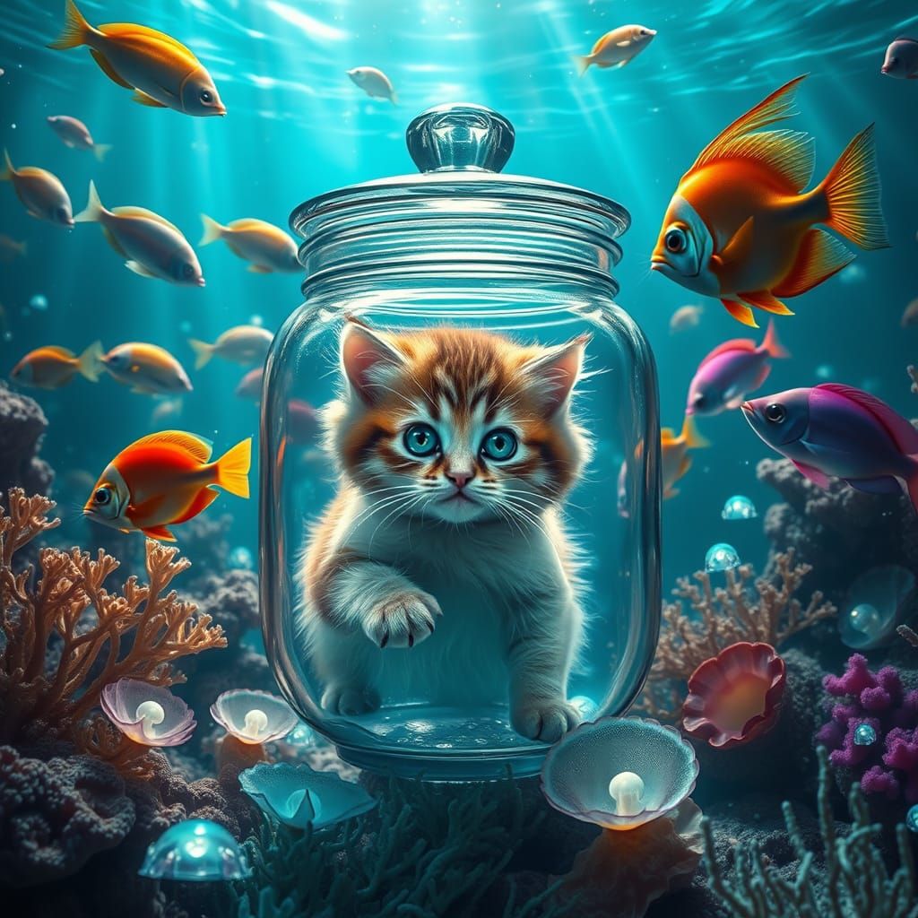 Whimsical Underwater Fantasy with Captive Cat