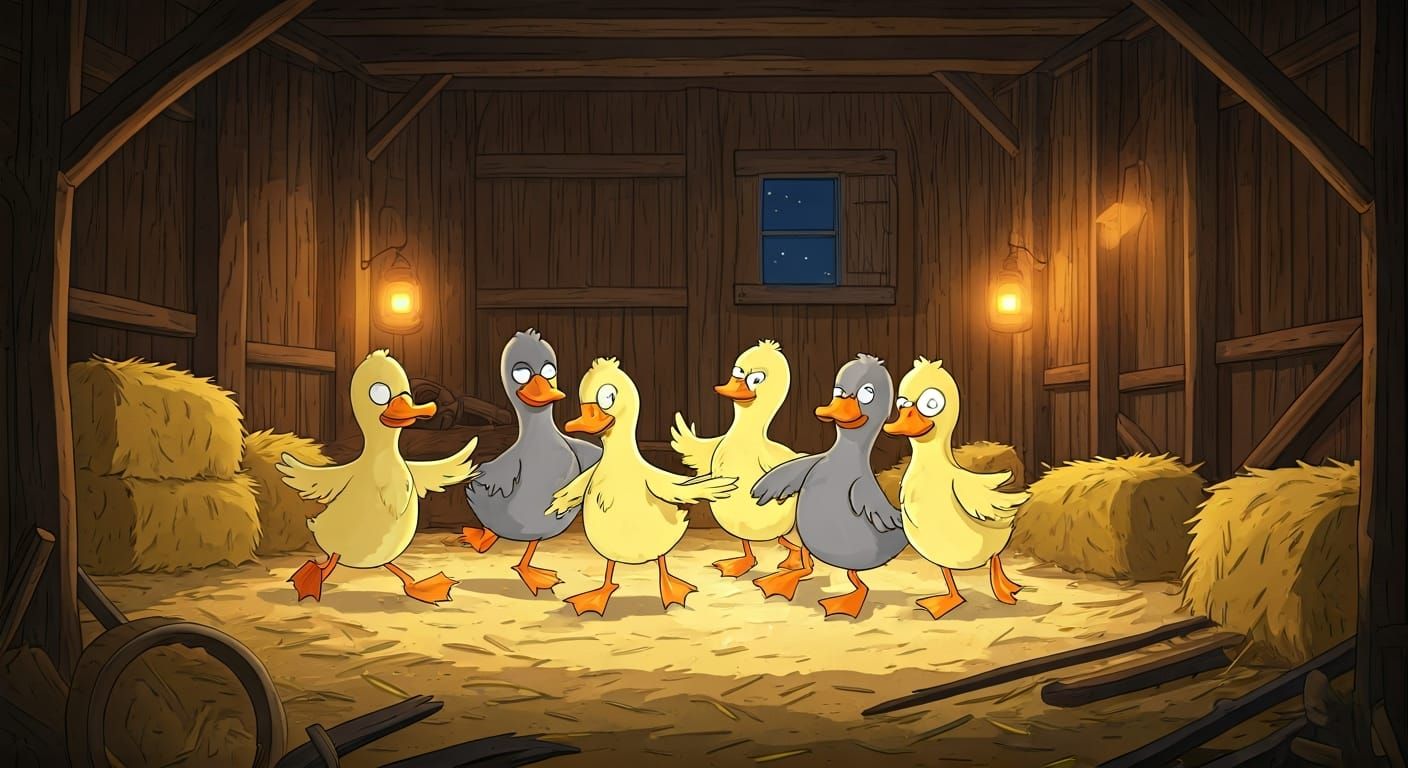 Whimsical Cartoon Ducklings Square Dance in Barn