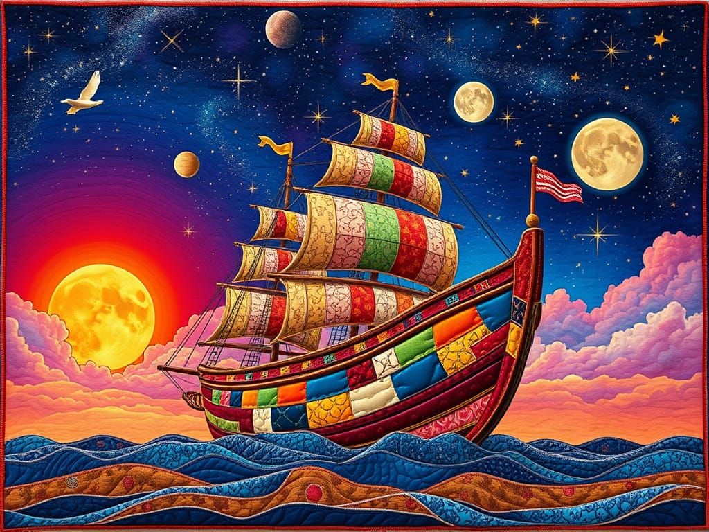 Vibrant Patchwork Ship Sails Through Celestial Dreamscape in...