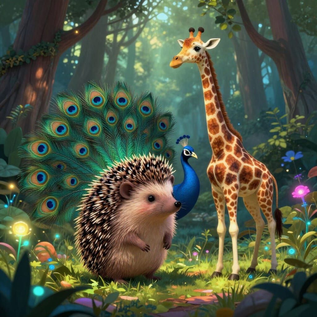 Whimsical Hedgehog-Peacock-Giraffe Creature in Enchanted For...