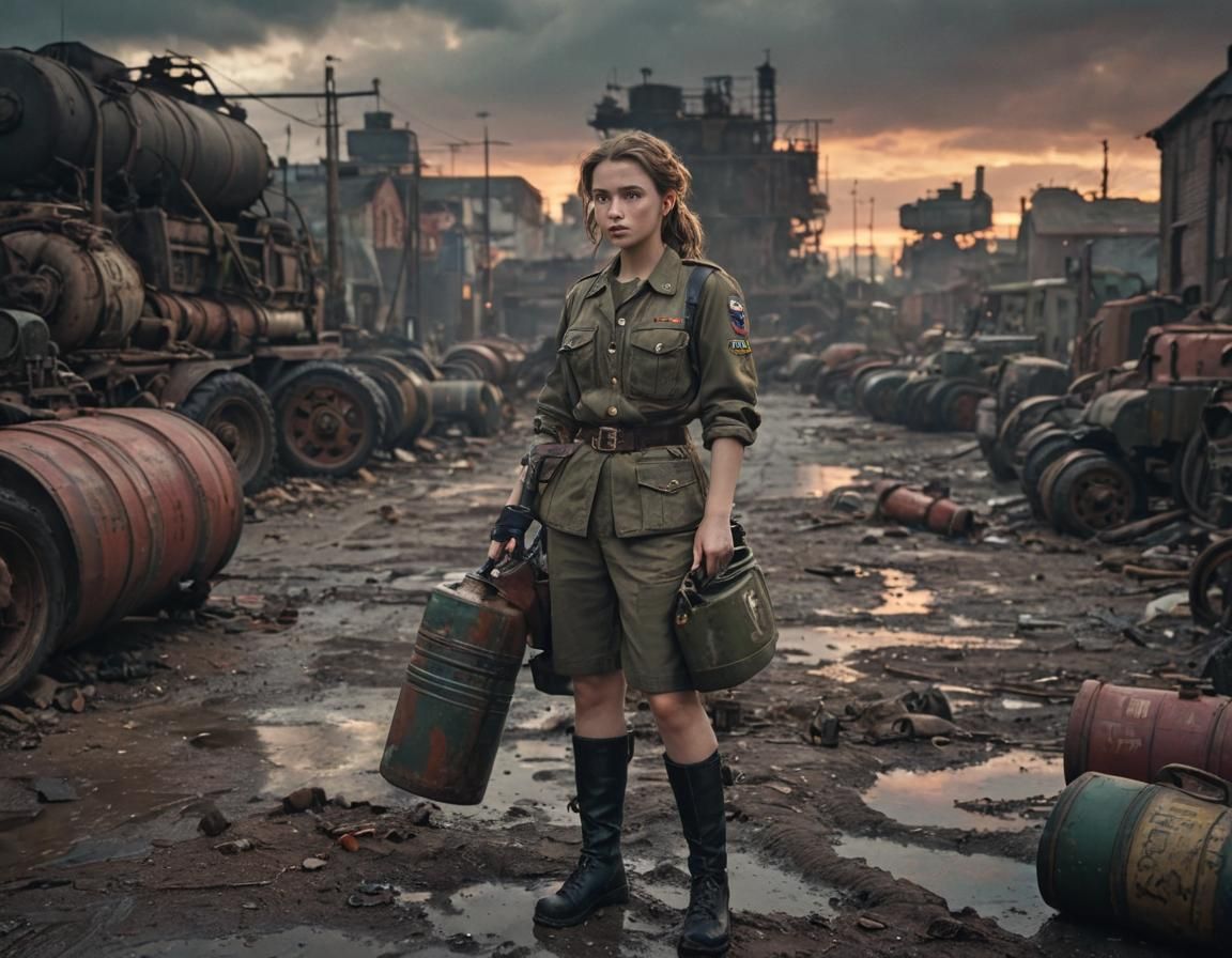 Dieselpunk Soldier Girl in Grim Industrial Sunset