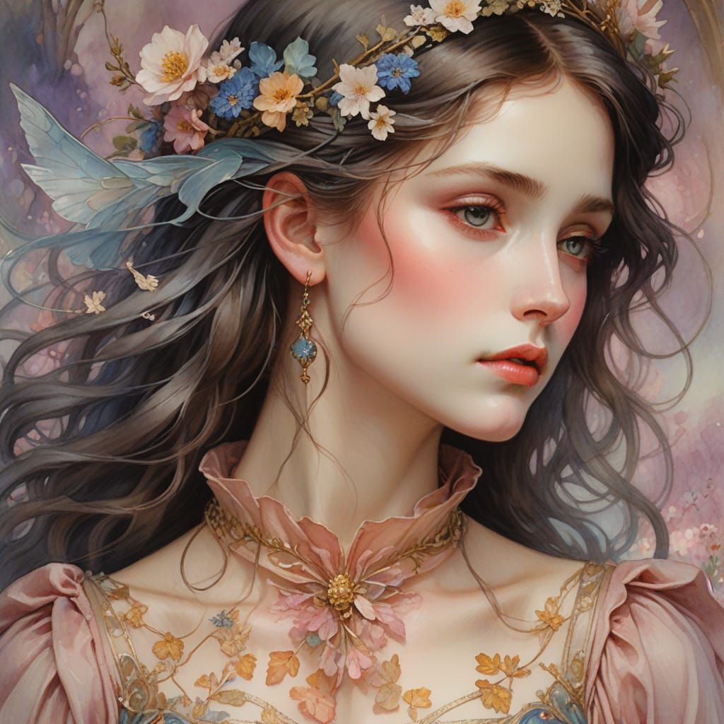 Whimsical Fairy Portrait in Watercolor Style