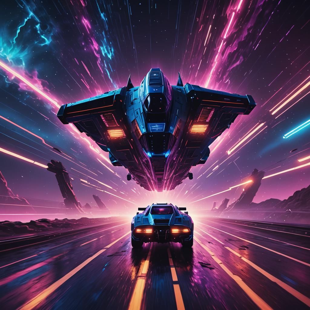 Synthwave Spacecraft on Interstellar Neon Highway