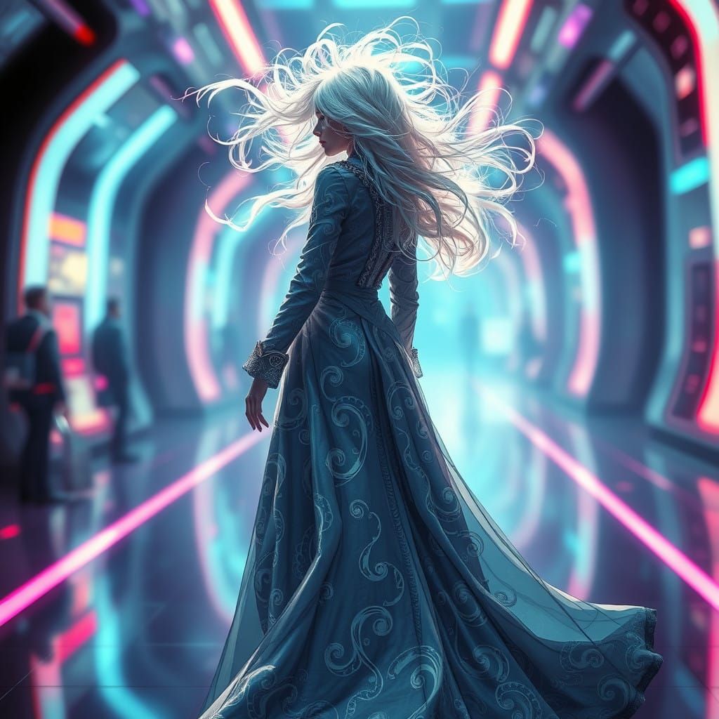Majestic Woman in Neon-Lit Hologram Elegance