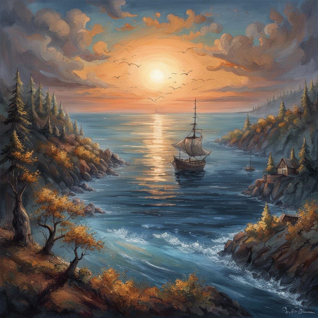 Sci-Fi Island Twilight Under a Massive Moon