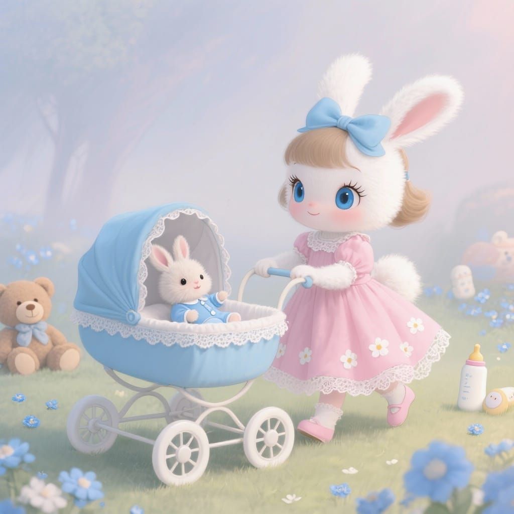 Cute Rabbit Girl Pushing Pram in Pastel Dreamscape