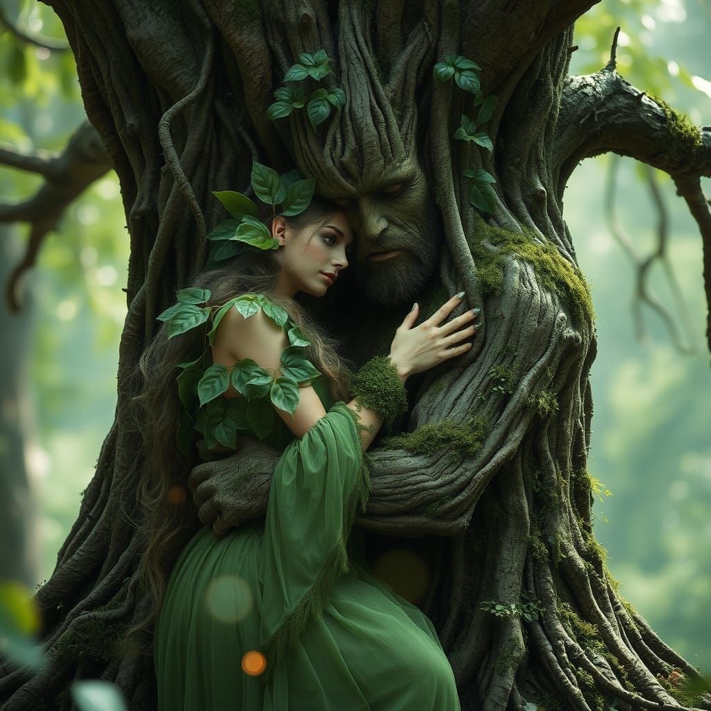 Enchanted Fairy Hugs Tree Man in Mystical Forest