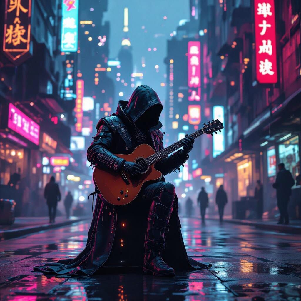 Guitarist in Dystopian Cyberpunk City of the Future